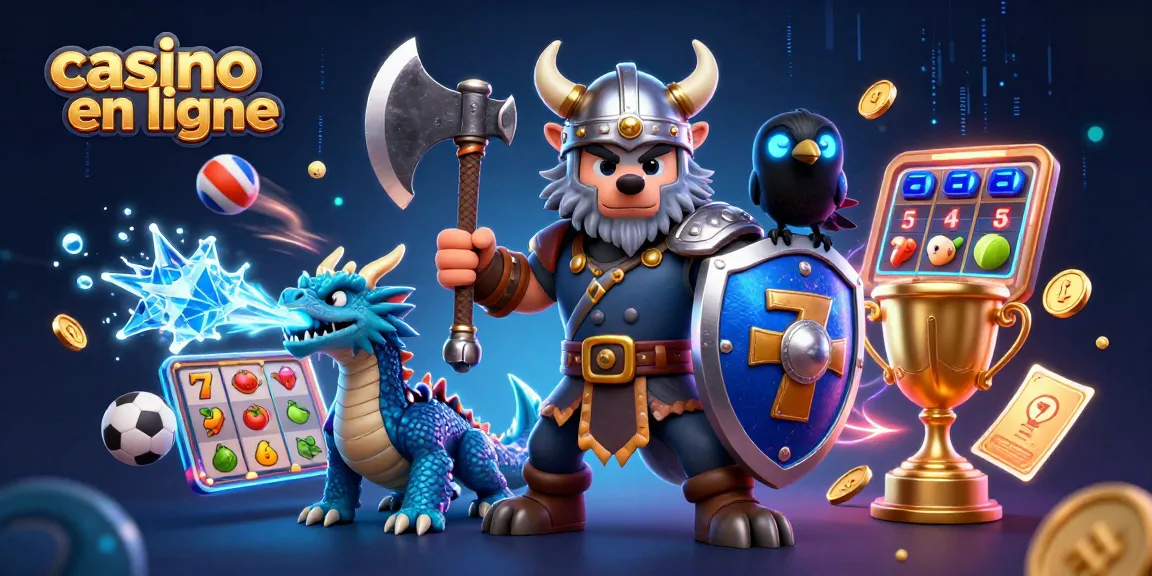 Vivez des moments palpitants sur le "casino en ligne" avec des machines à sous, un guerrier viking, un dragon et des éléments de jeu vibrants.
