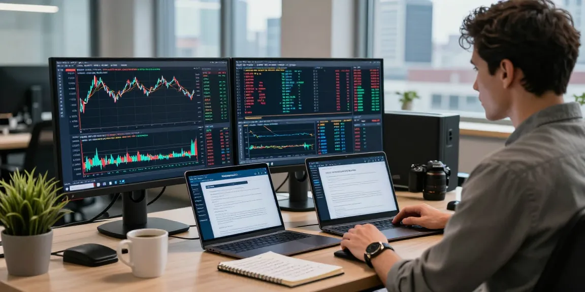 Professional trader actively using MetaTrader 5 for market analysis in a high-tech workspace.