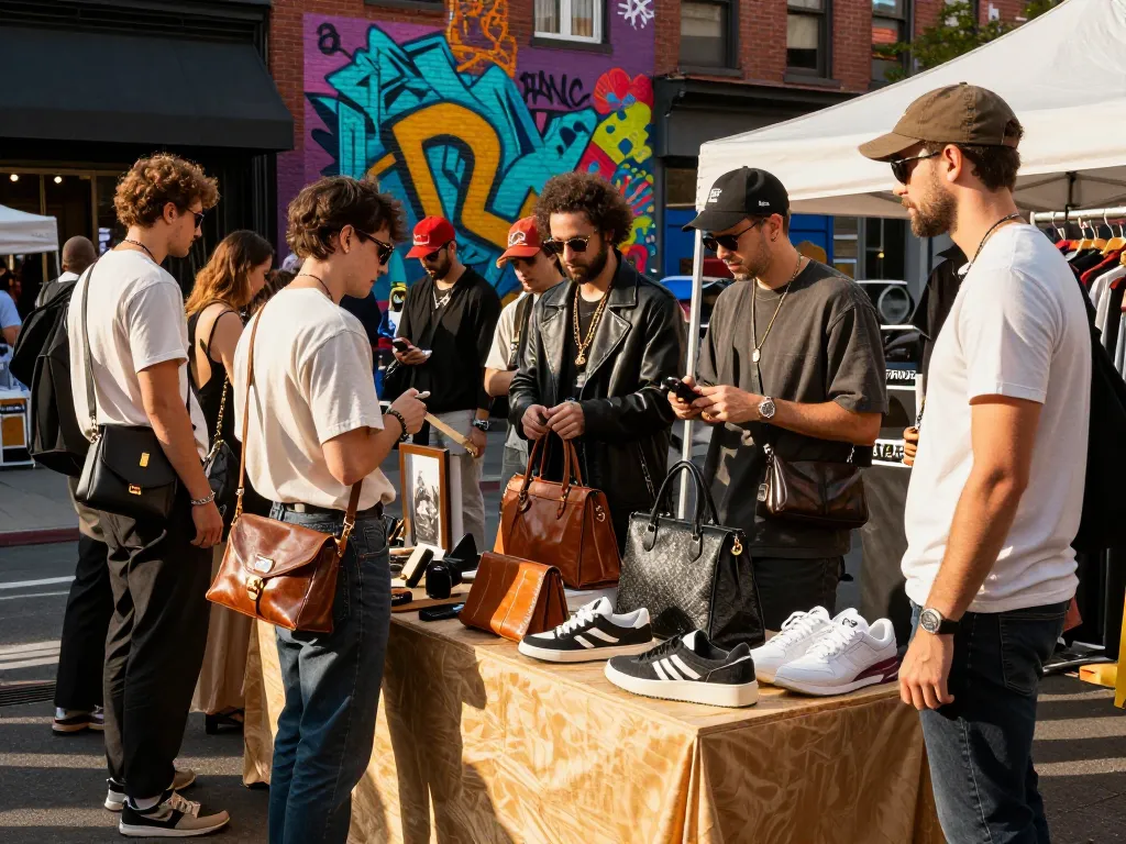 Trendy urban scene showcasing stylish individuals shopping for 레플리카 사이트 items at an outdoor market.