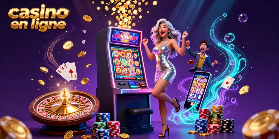 Découvrez l'excitation du casino en ligne avec des scènes vibrantes de célébrations de jackpots, des pièces d'or volant et des jeux palpitants.