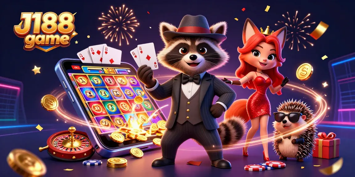 Engaging 3D illustration showcasing the J188 game with raccoon, fox, and hedgehog characters amidst dynamic casino elements.