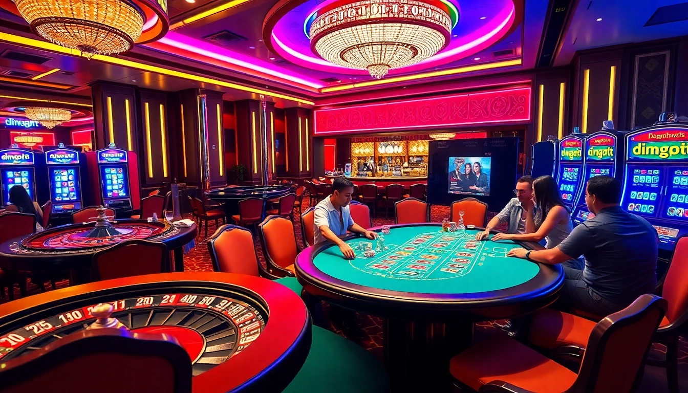 Gamblers enjoying the thrill of dinamit4d slot machines and table games in a luxurious casino.