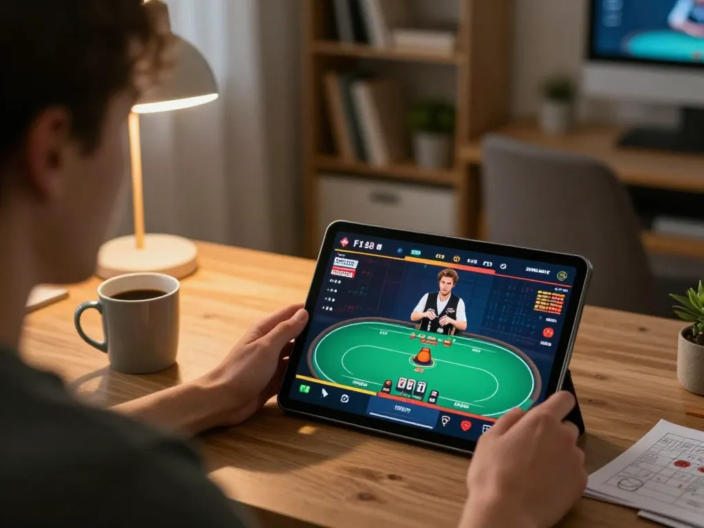 Person engaging in online F168 gaming strategy with tablet showing a poker game