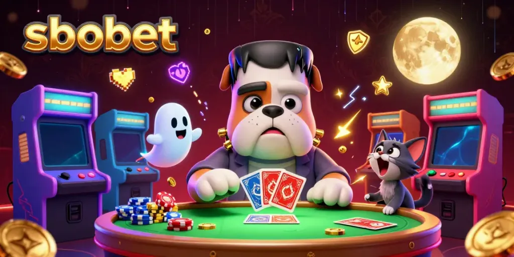 Engage in sbobet action at a colorful casino scene featuring a Frankenstein bulldog monster dealing cards.