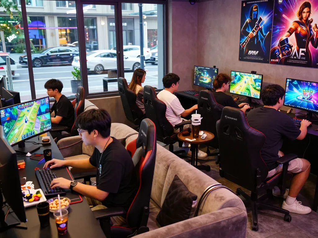 Exciting gaming scene at AUTOWIN88 with players enjoying mobile games and vibrant surroundings.