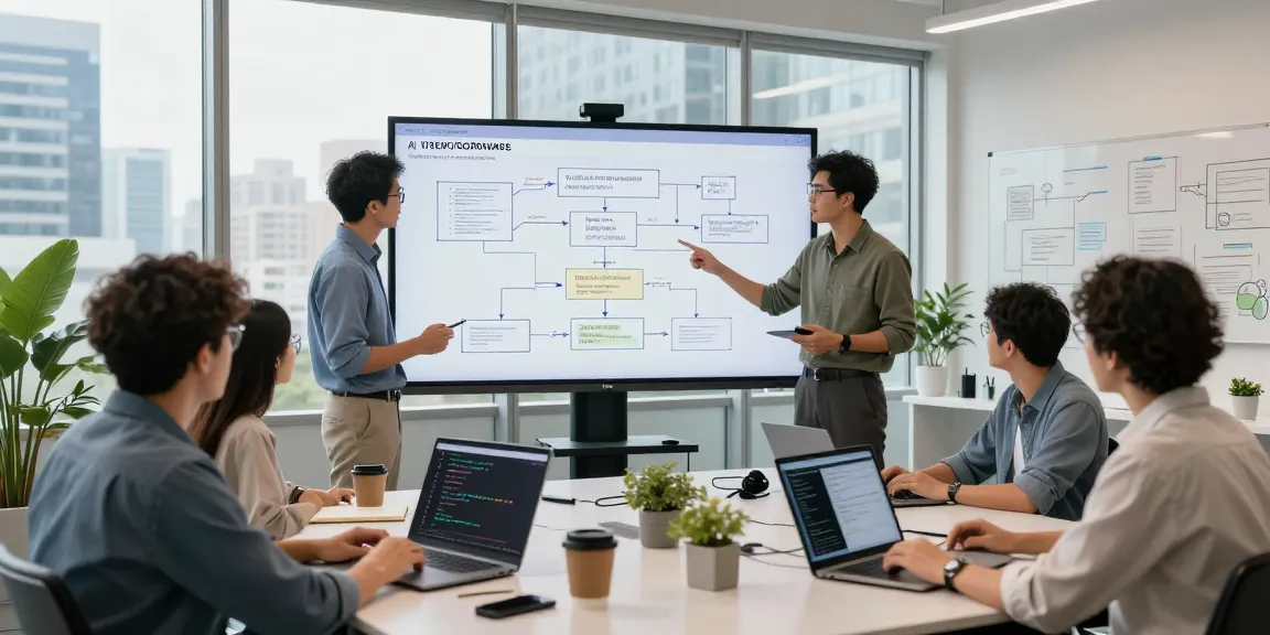 AI Product Engineering services with diverse team collaborating on innovative software solutions in a modern workspace.