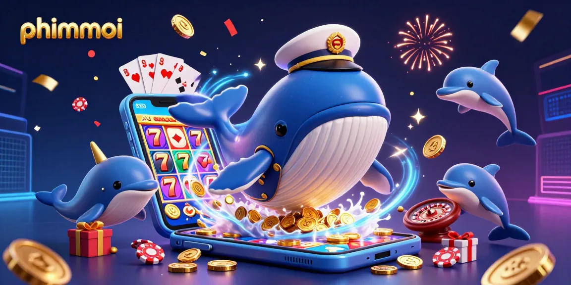 Experience high-stakes action in phimmoi with a whale breaching through coins and dolphins juggling poker chips.