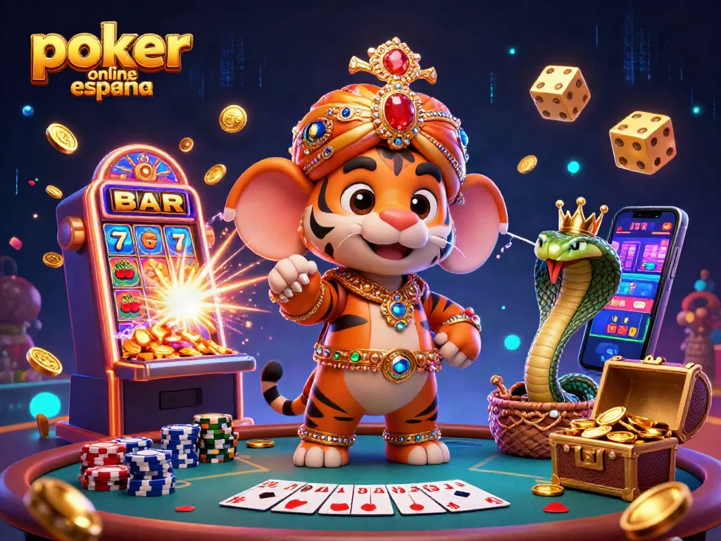 Juega al poker online en España con el maharaja y un elefante en una escena vibrante de casino.