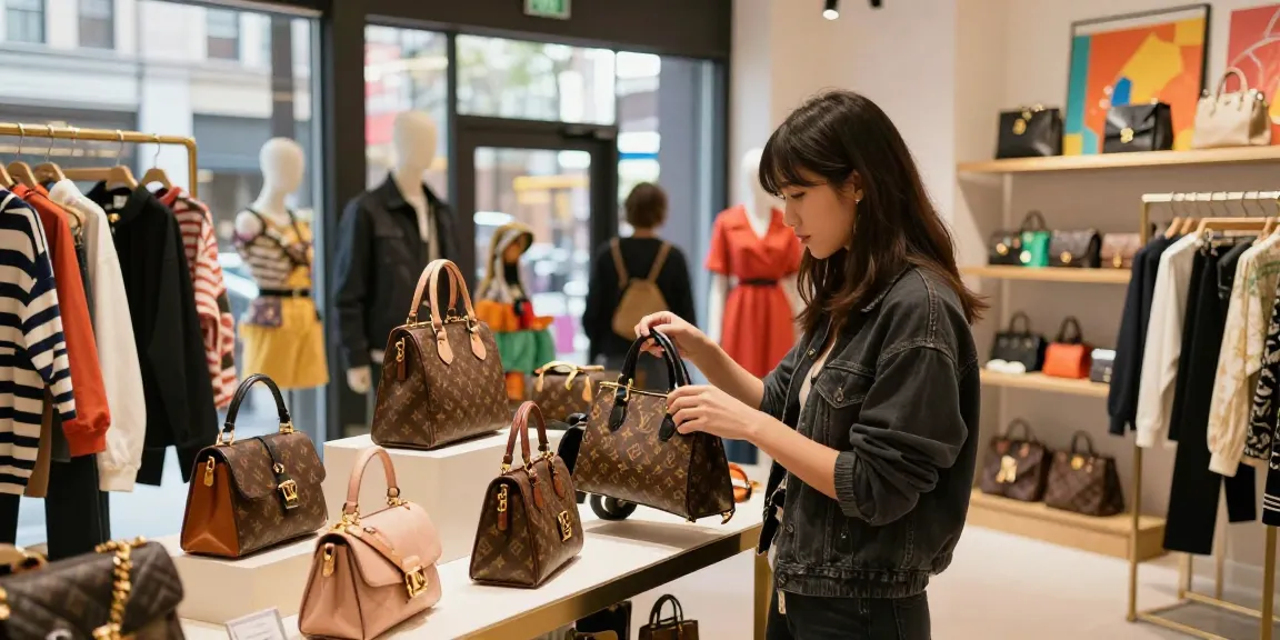 Shopper exploring stylish 레플리카 쇼핑몰 with high-quality replica handbags in an urban boutique.