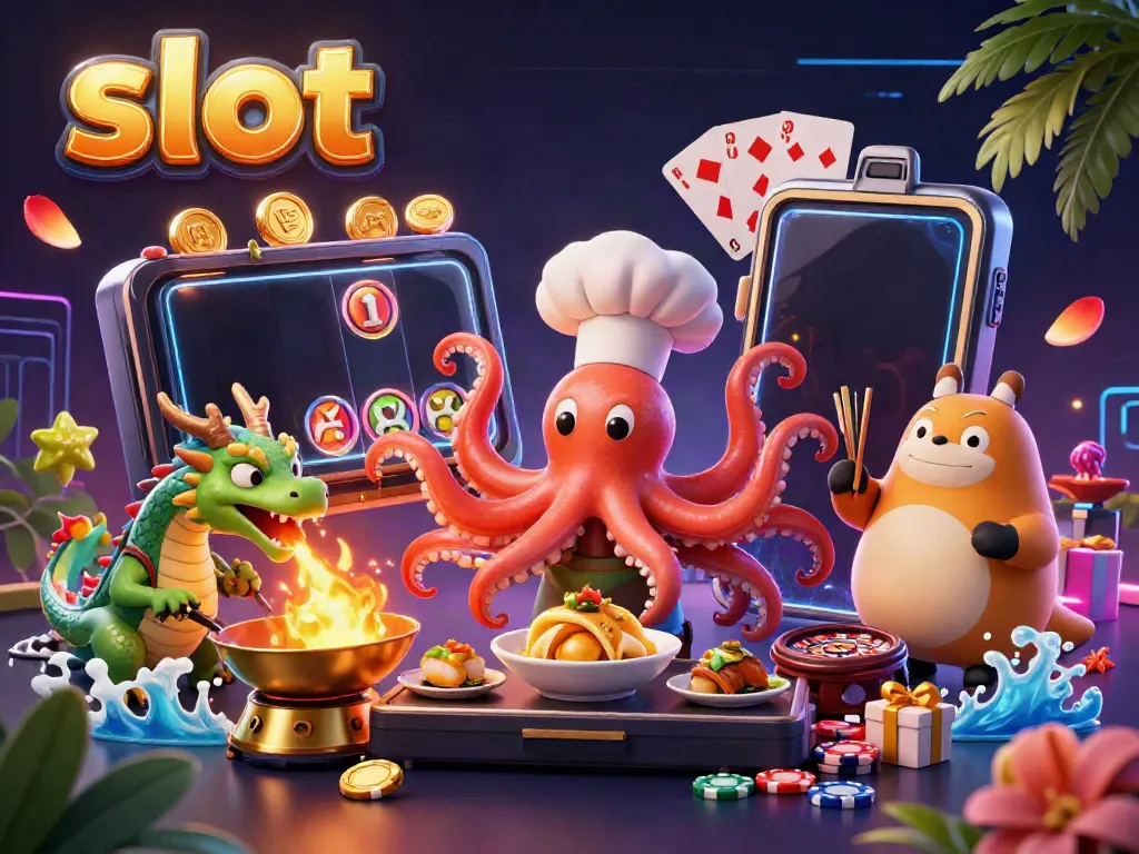Experience exciting slot action with an octopus chef and dragon in a vibrant casino scene.