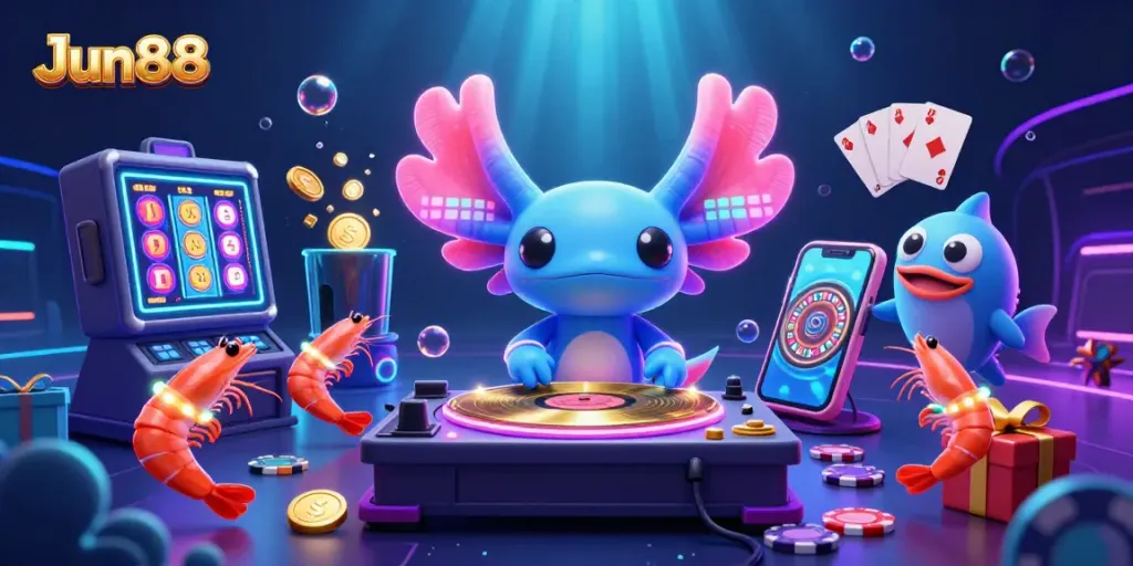 Experience electrifying fun with Jun88, featuring a neon axolotl DJ amidst animated shrimp and a hype blowfish.