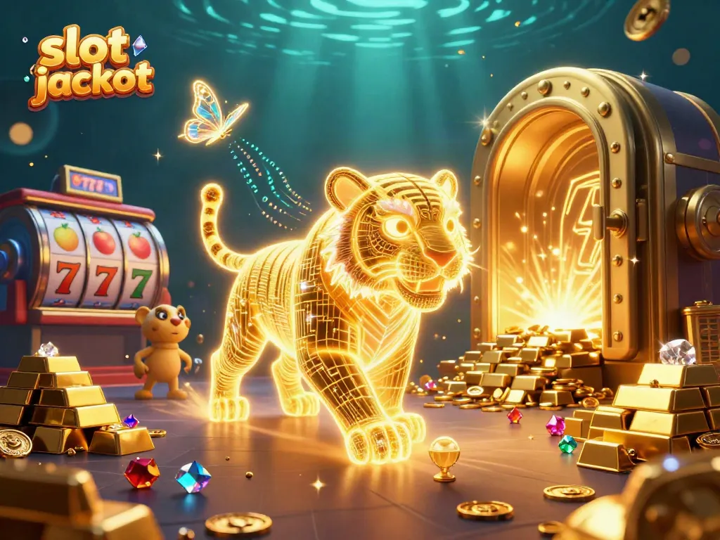 Engage in the slot jackpot frenzy with a dynamic illustration of a golden tiger and dazzling treasures.