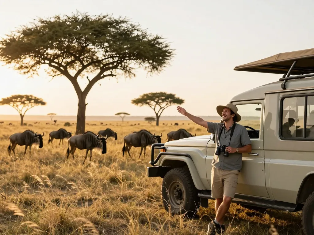 Tanzania safari tours adventure in Serengeti with traveler near wildlife viewing vehicle.