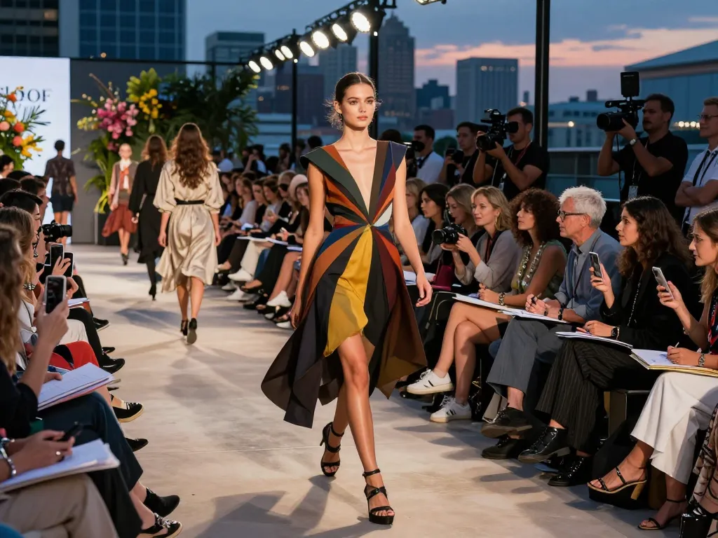 Runway show featuring a model in avant-garde fashion, high-energy audience, vibrant city skyline.