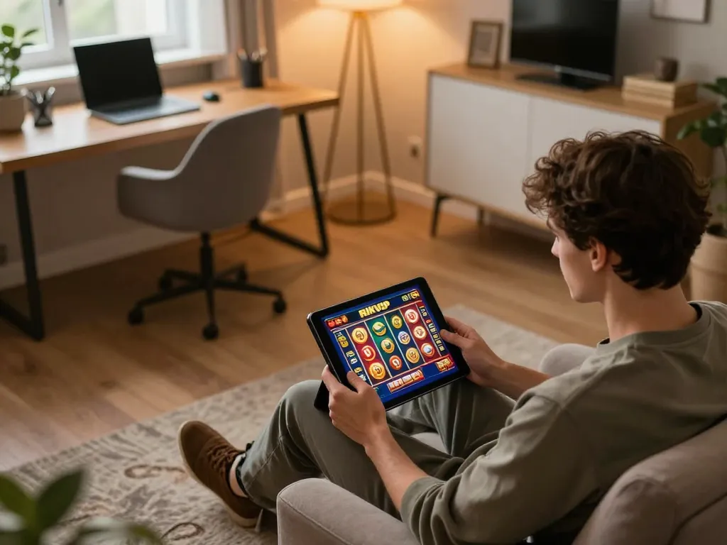 Engaged player enjoying RIKVIP slots on a tablet in a cozy home setting, showcasing online gaming excitement.
