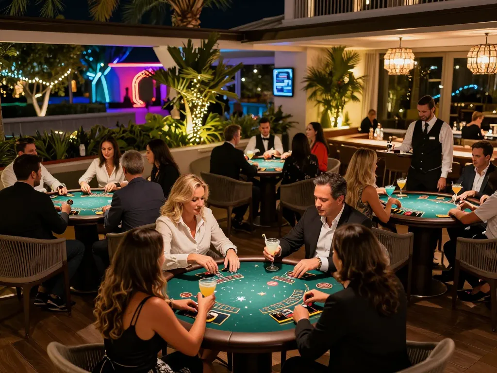 Experience the thrill of bet88 with friends at a lively outdoor casino terrace