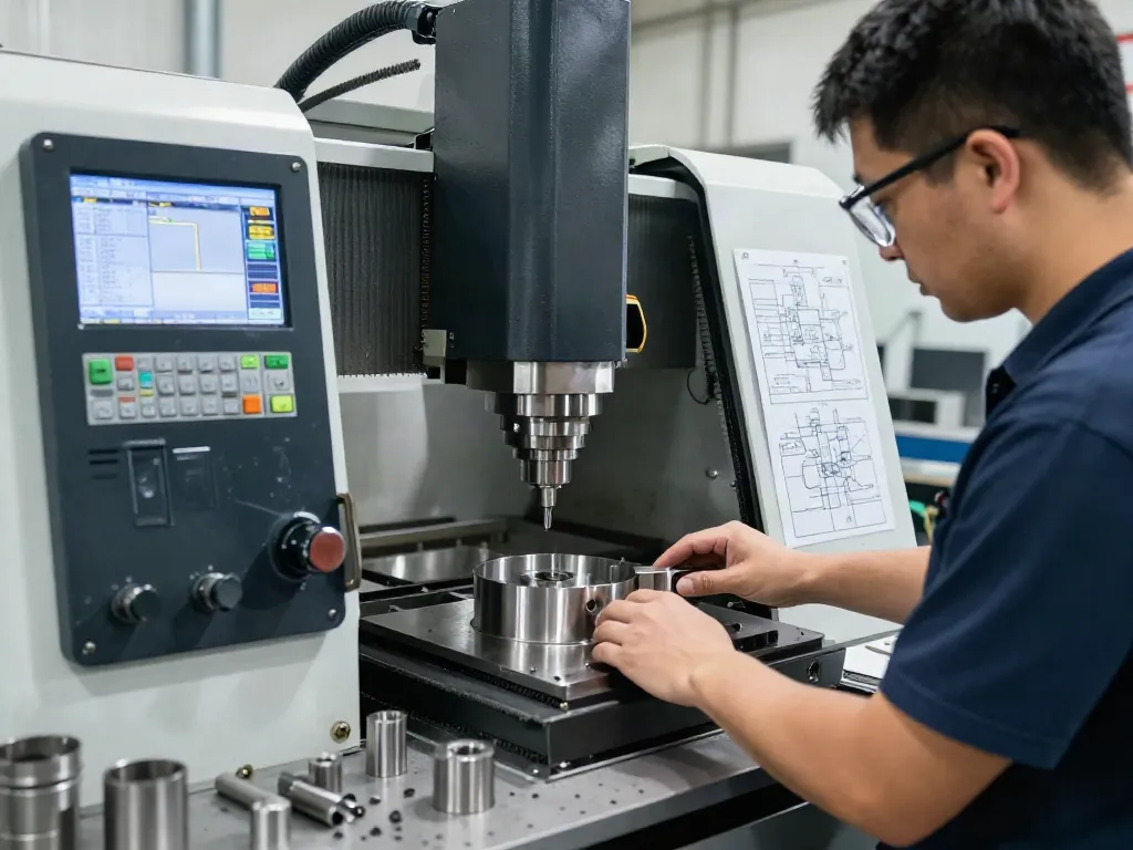 CNC machining parts manufacturer technician operating precision machinery in a professional workshop.
