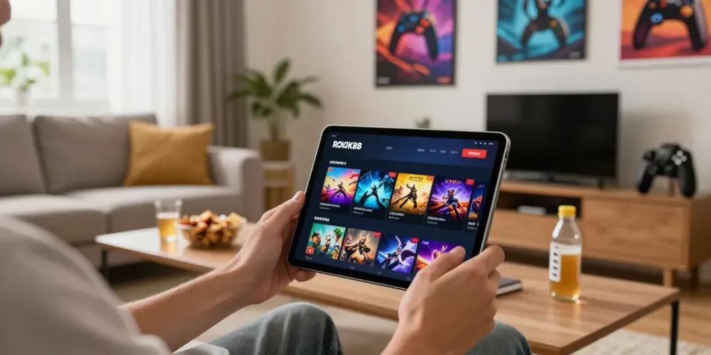 Engaging user exploring ROKOK88 gaming platform on tablet in cozy living room.