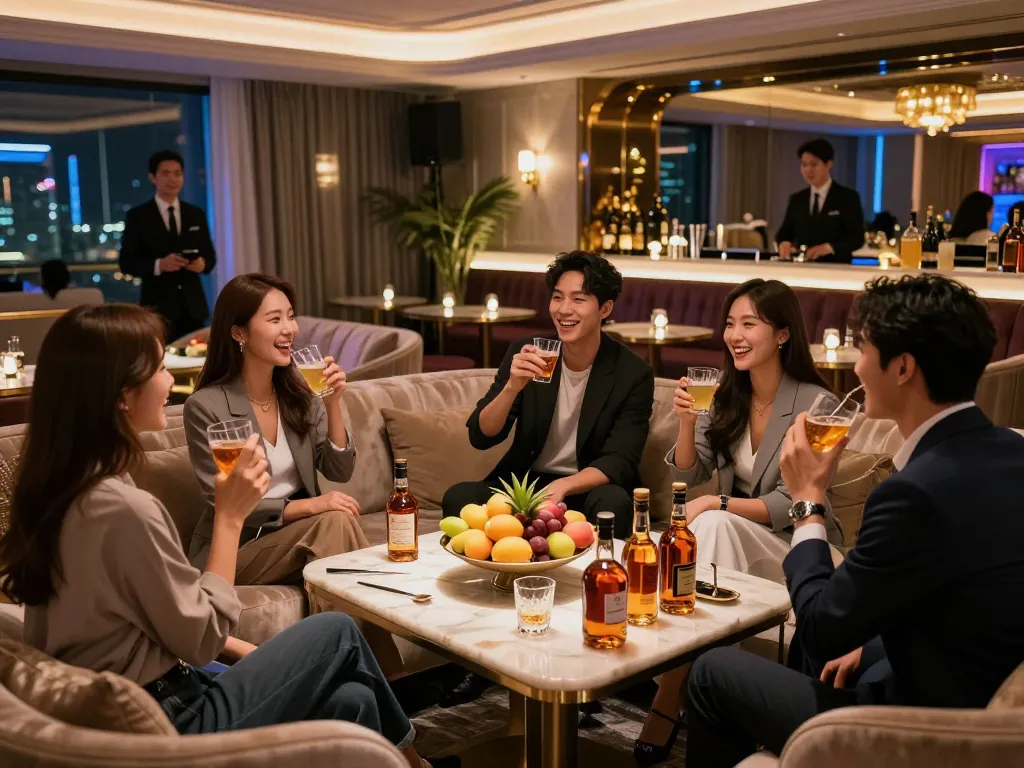 Exclusive Gangnam쩜오 experience with luxurious decor, friends enjoying drinks in a private room.