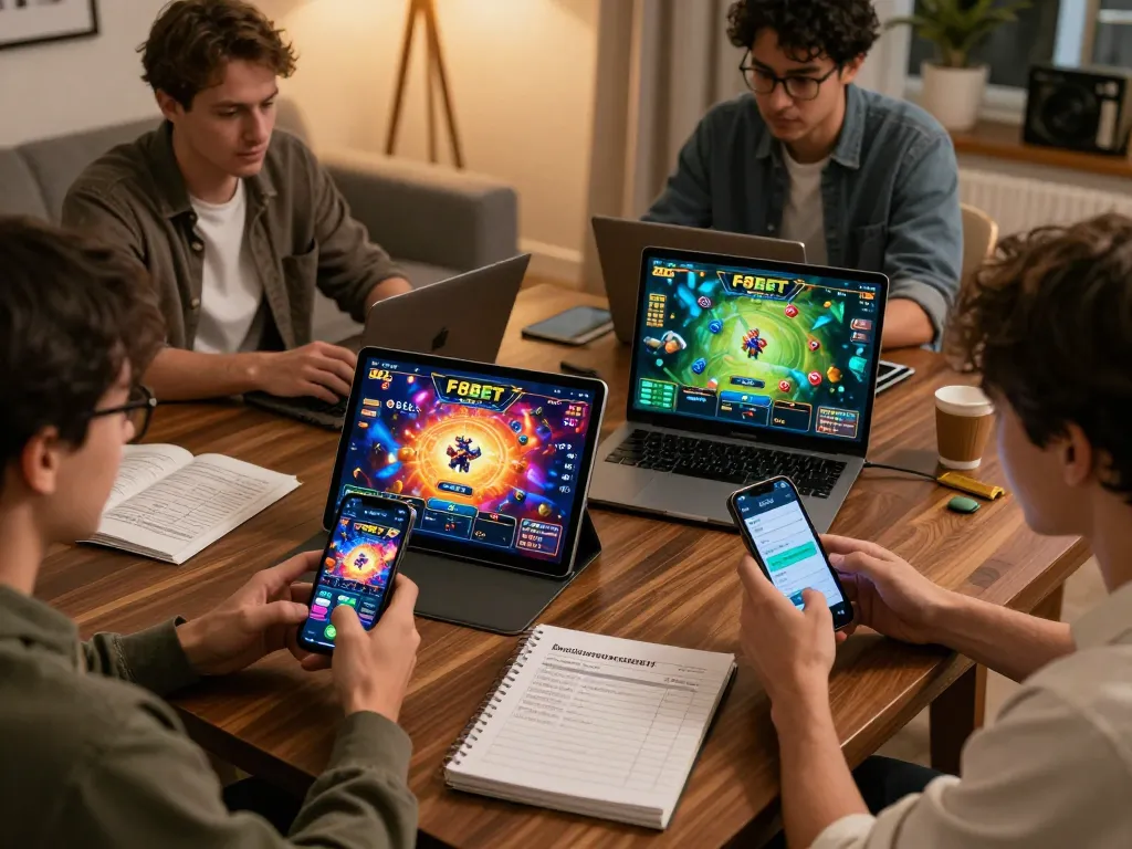 Players strategizing while using the F8BET app on various devices in a cozy setting