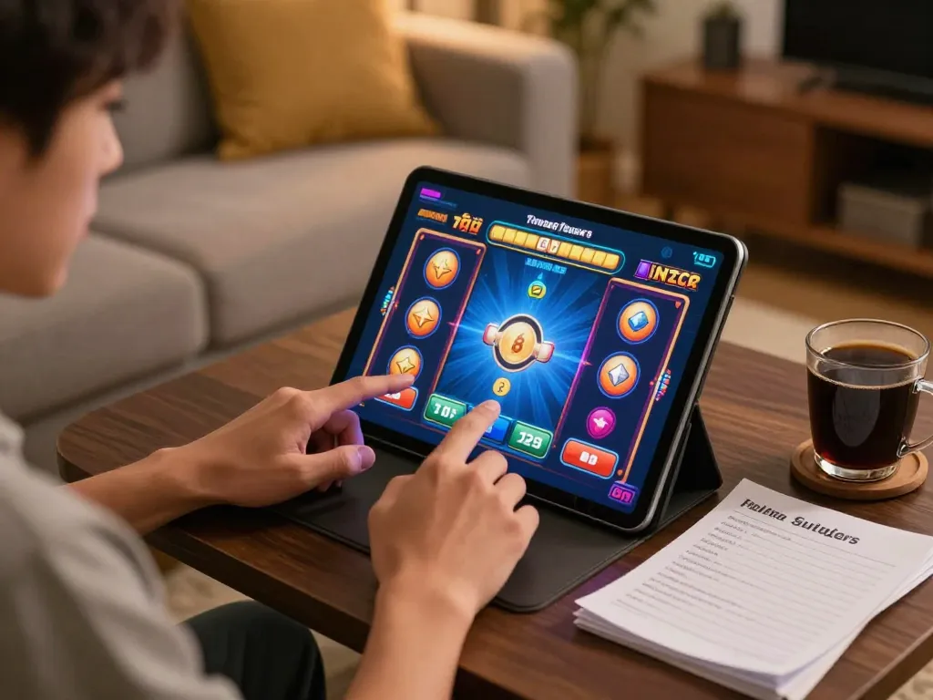 Engaging in slot gacor gampang menang gameplay on a tablet in a stylish home setting, emphasizing strategy and enjoyment.