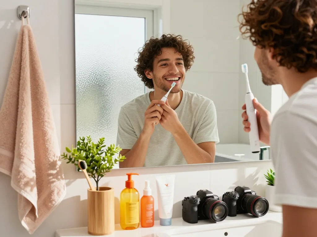 Brushing with Laifen electric toothbrush in a bright, modern bathroom