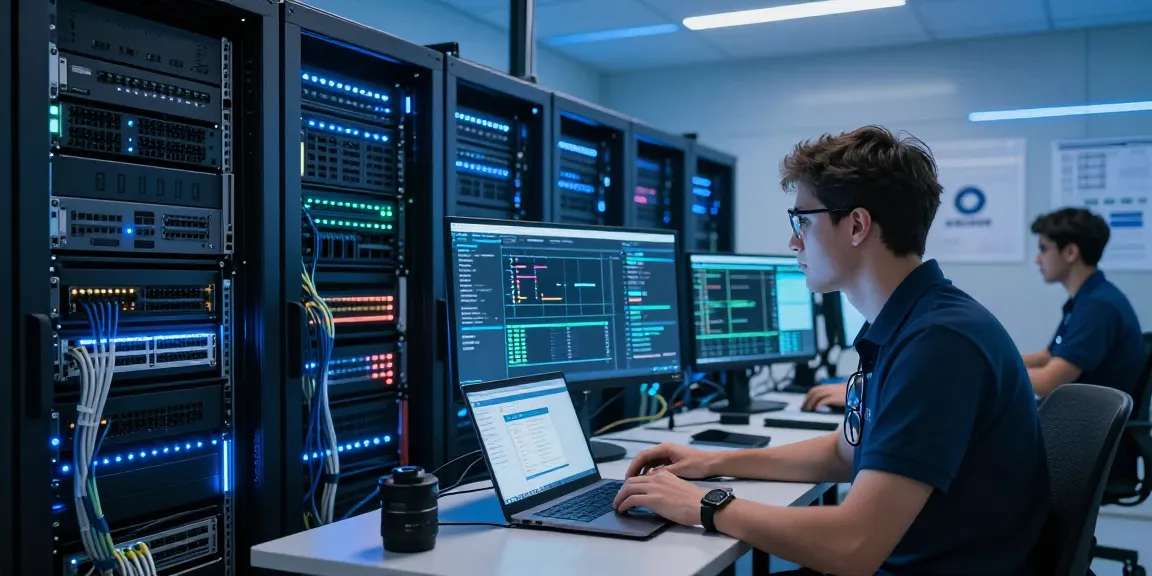 Teknik IT memantau server dengan penggunaan hypervisor di ruang data modern.