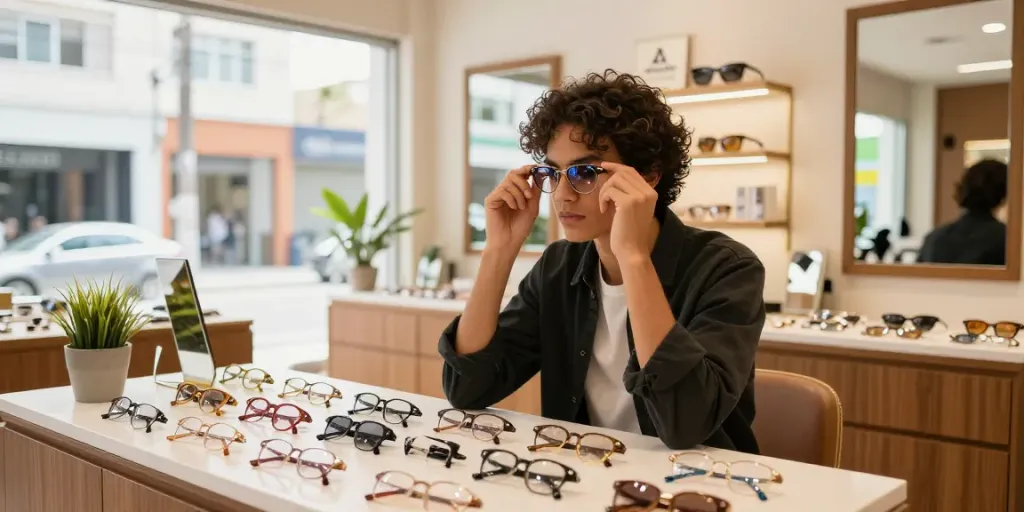 Ótica Avaré: cliente experimentando óculos de designer em ambiente acolhedor