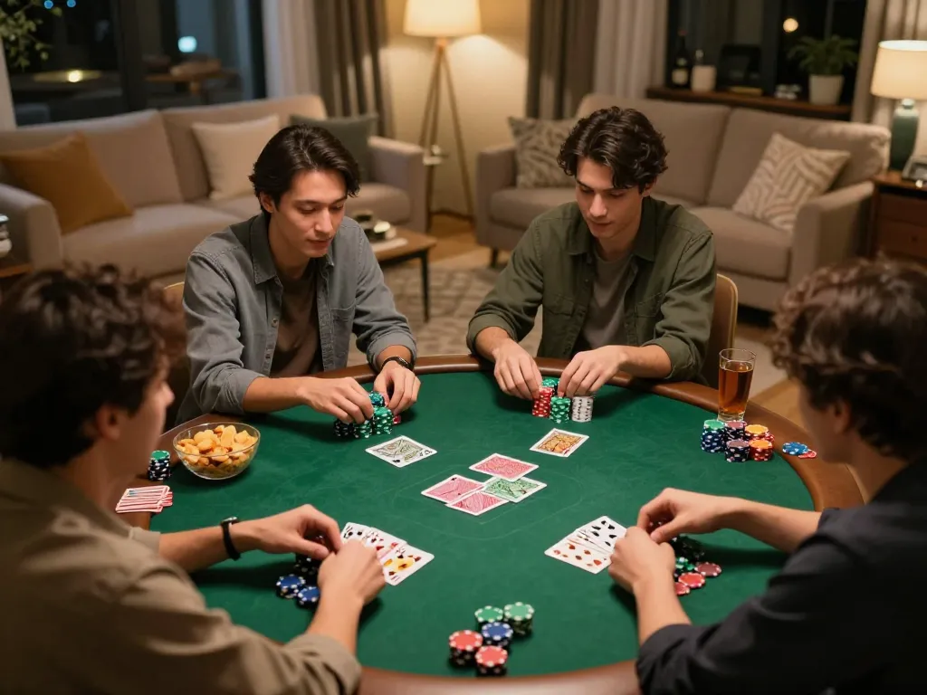 Players strategizing and enjoying a poker game at home, highlighting situs gacor experience in a friendly atmosphere.