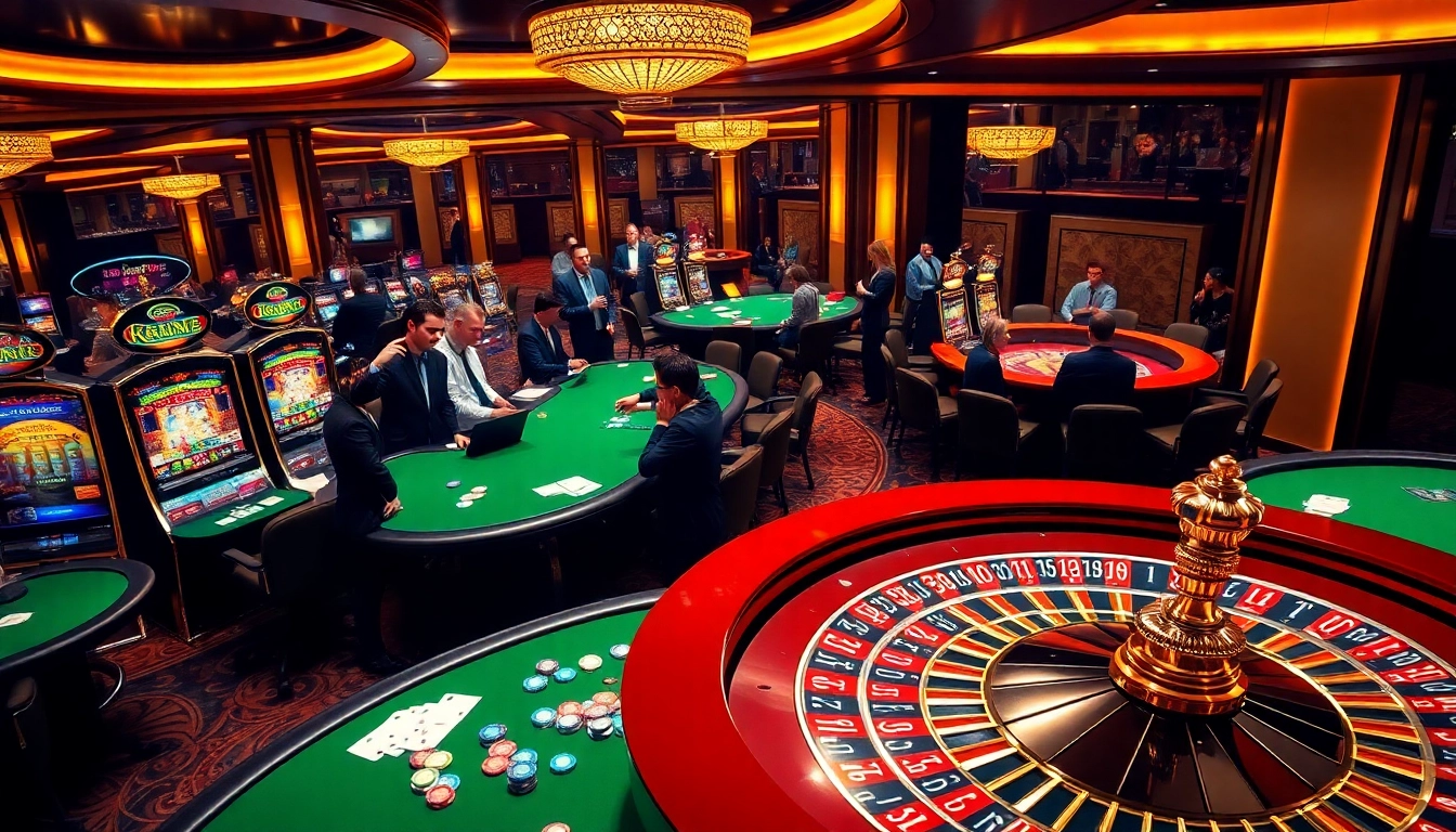 La scène représente le meilleur casino en ligne avec des tables vibrantes, des joueurs enthousiastes et un décor luxueux.