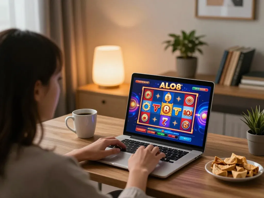 Player engaging in ALO8's online slots from a cozy home office setting with laptop and snacks.