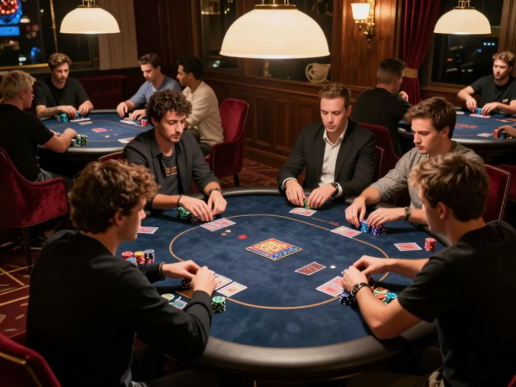 Pemain Aneka4D terlibat dalam permainan poker strategis dengan pencahayaan ambient hangat dan dekorasi mewah