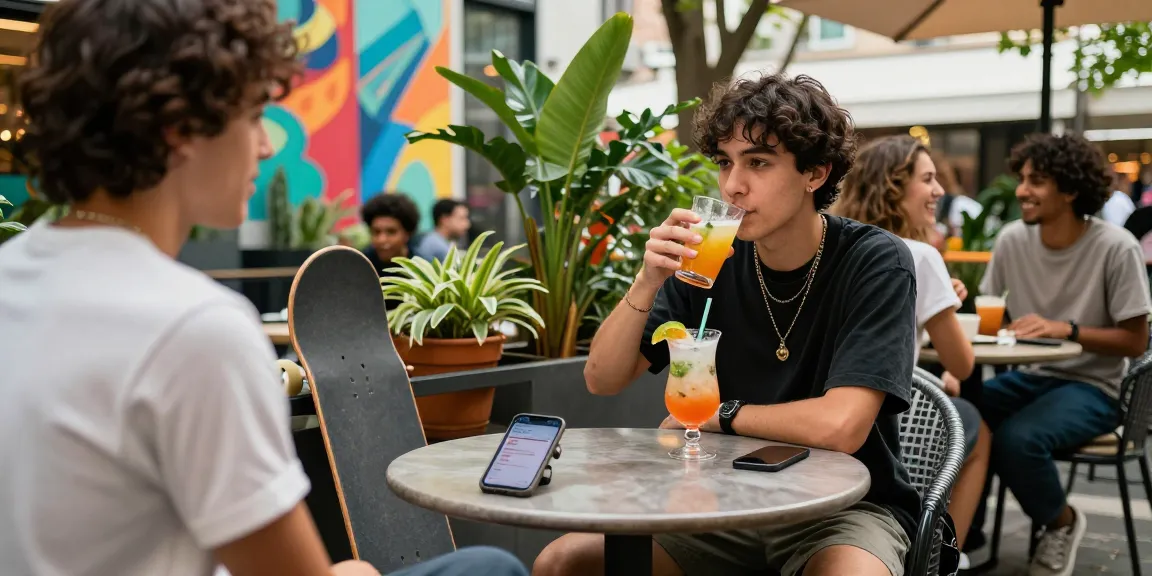 Young adult enjoying rokok88-inspired cocktail at trendy outdoor café surrounded by friends.