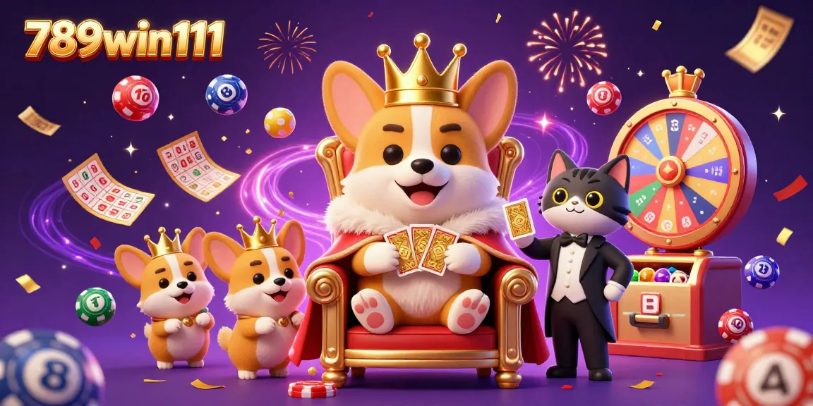 Experience excitement at 789win111 with playful corgis and lottery elements creating a lively casino atmosphere.