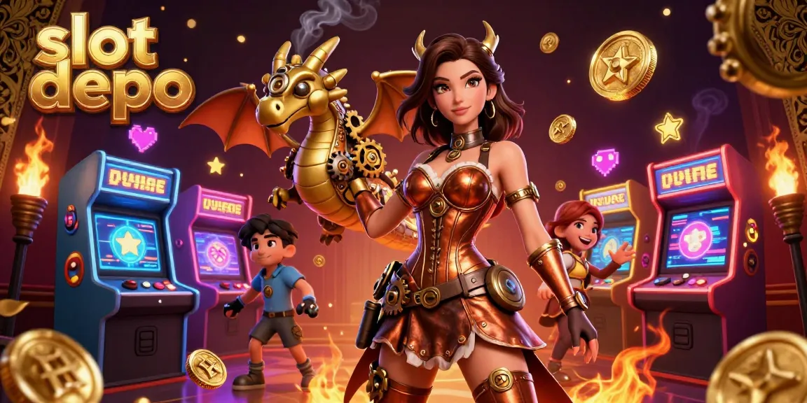 Experience the excitement of slot depo with vibrant characters and casino-themed elements in this dynamic 3D illustration.