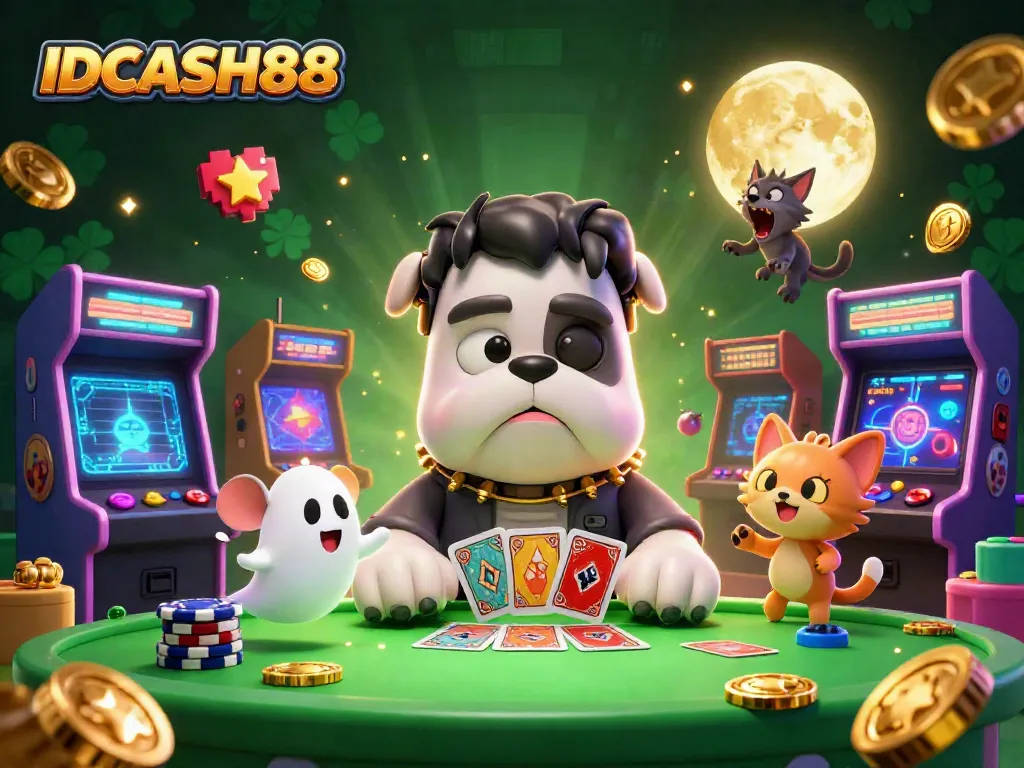 Engage with IDCASH88 as the Frankenstein bulldog deals cards amidst vibrant casino elements.