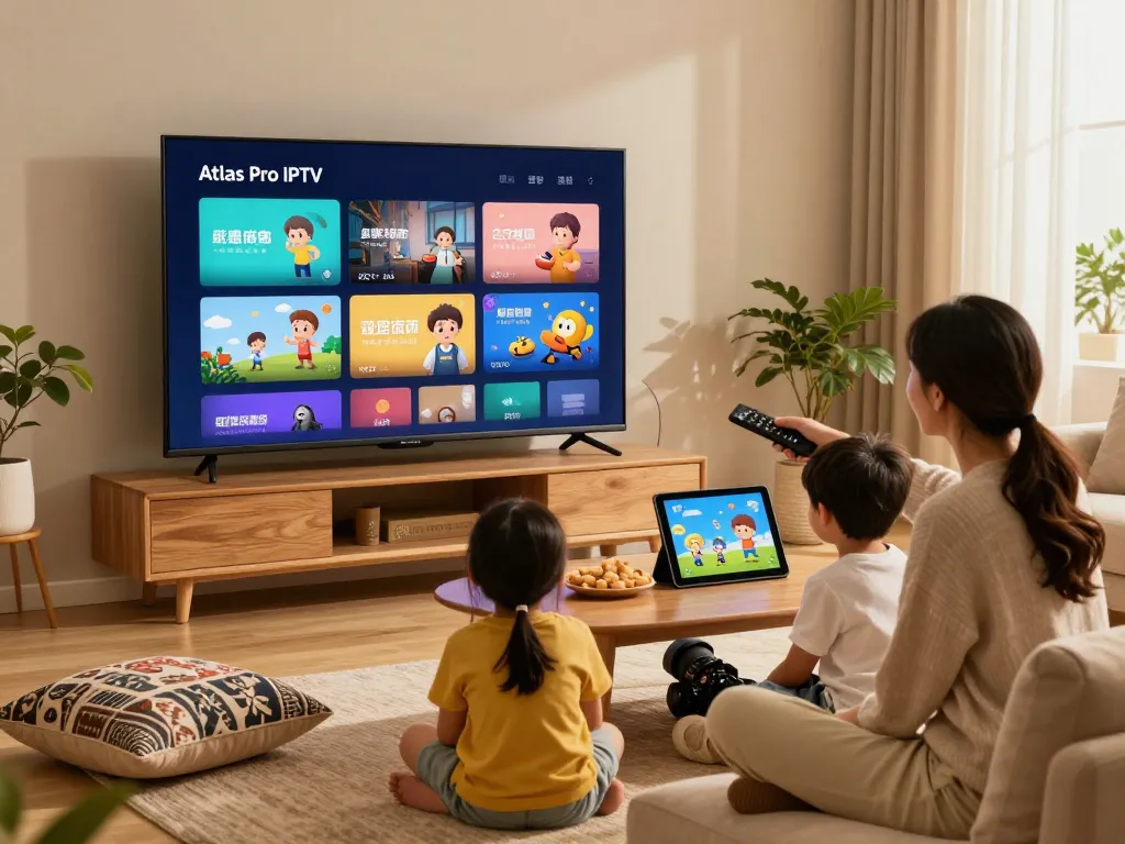 Une famille profitant d'Atlas Pro IPTV sur une Smart TV dans un salon confortable.
