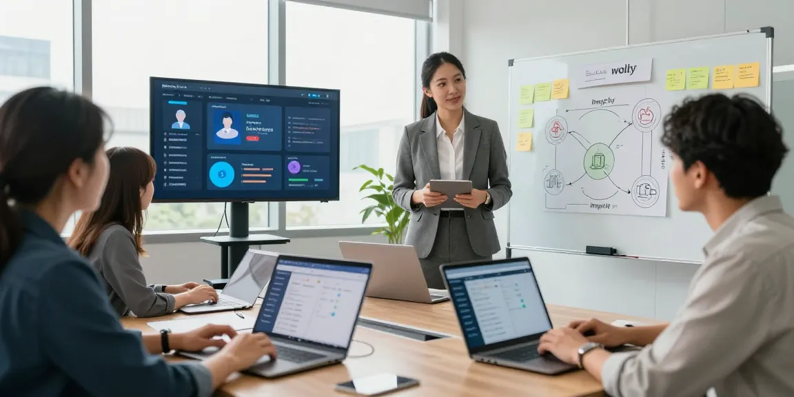 Loyalty application discussion in a modern office with professionals collaborating on engagement strategies