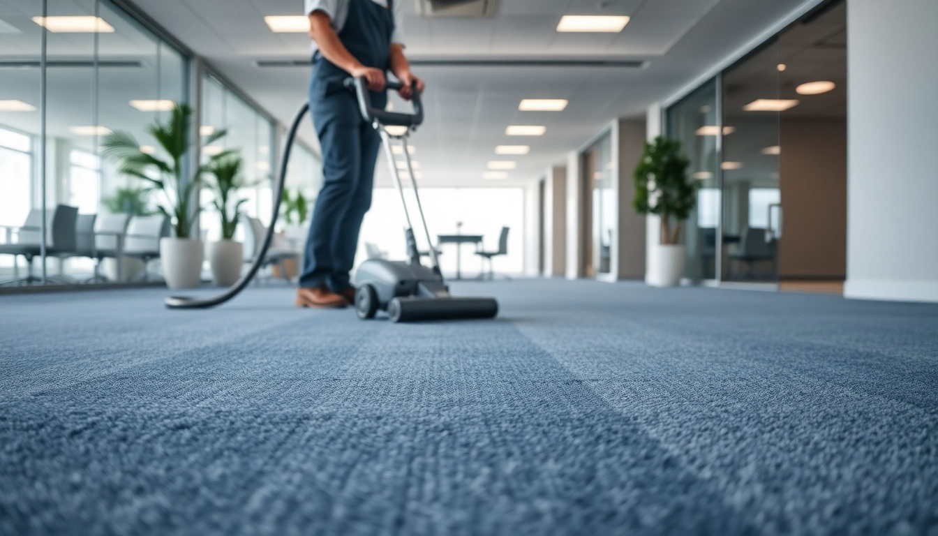 Engaging in commercial carpet cleaning, a technician revitalizes office carpets for a fresh ambiance.