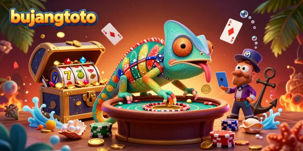 Bujangtoto chameleon casino owner surrounded by vibrant slot reels and treasure, showcasing exciting winnings.