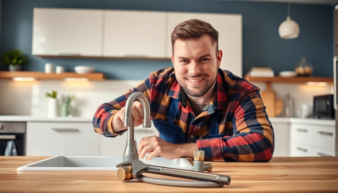 Local plumber demonstrating expertise while fixing a kitchen sink in a well-lit home setting.