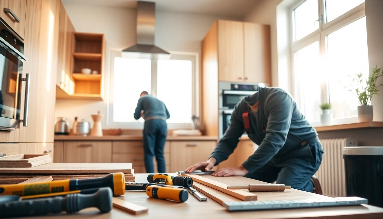Kitchen fitter installing cabinetry in a bright, modern kitchen setting.
