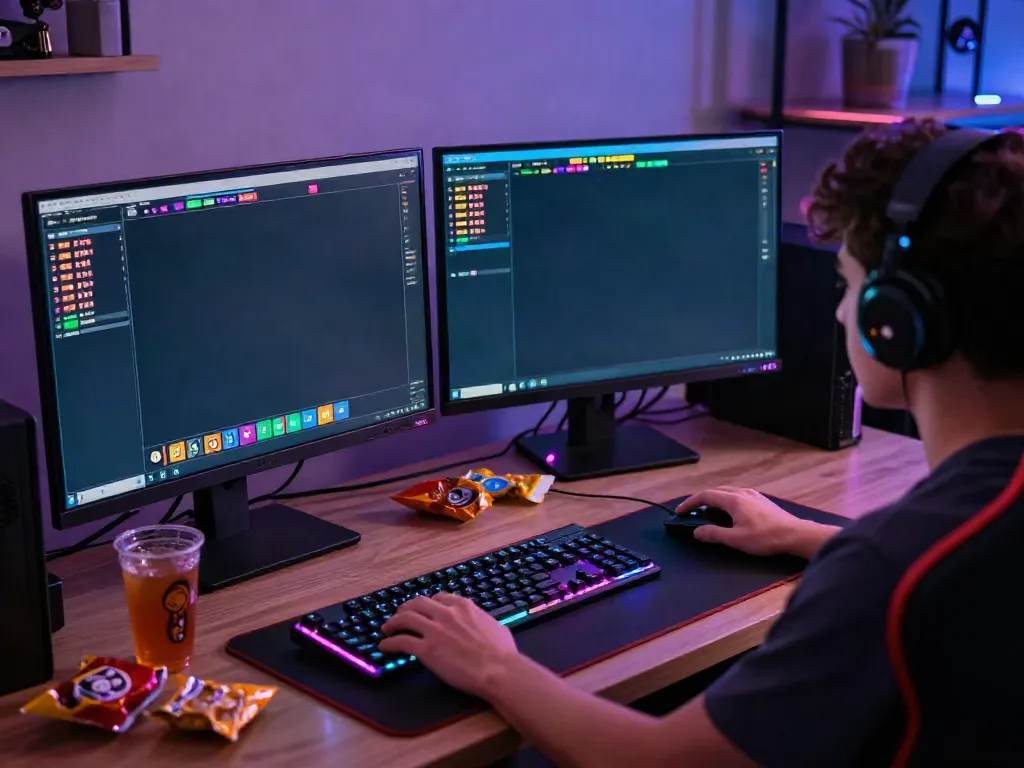 Engaged player using amanahtoto online lottery platform in a stylish home office.