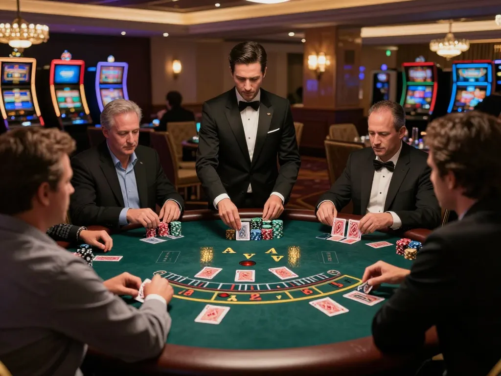 vt88 players engaging in an intense blackjack game with vibrant casino atmosphere