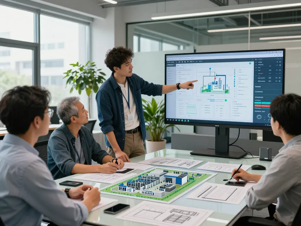 Engineers collaborating on a Siemens automation project in a modern office.