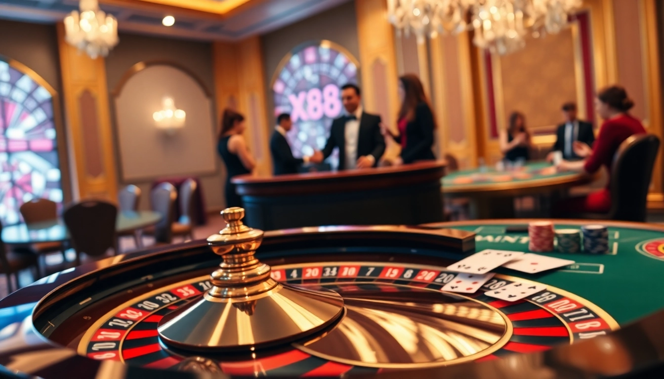 Players experience the excitement of casino games featuring X88 in a vibrant setting with roulette and poker.