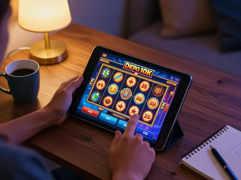 Engaging in slot depo 10k online gaming, player using tablet to explore vibrant gaming interface.