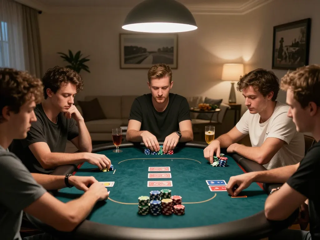 Players enjoying a high-stakes poker game at home, capturing the essence of thrilling strategy with amigogrillandco.