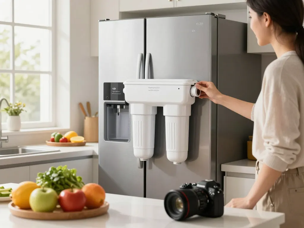 Installing the Waterspecialist DA29-00003G Refrigerator Water Filter in a bright kitchen for clean drinking water.