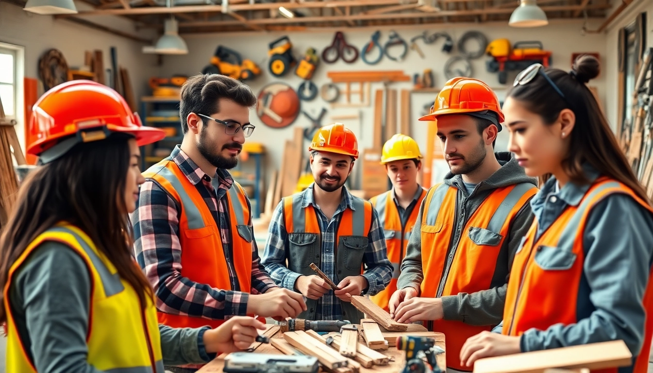 Students learning through a construction apprenticeship hands-on training session with tools.